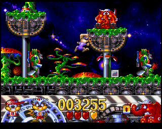 Oscar (Amiga) screenshot: Scifi - red elephant is the restart point (AGA version)