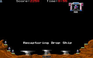 Meteor Rescue (DOS) screenshot: The player's ship has successfully docked with the drop ship