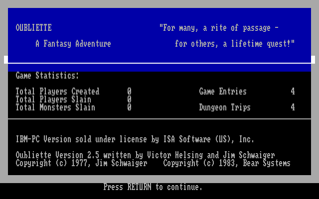 Oubliette (DOS) screenshot: Title screen