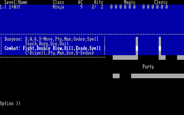 Oubliette (DOS) screenshot: Exploring the dungeons in text mode