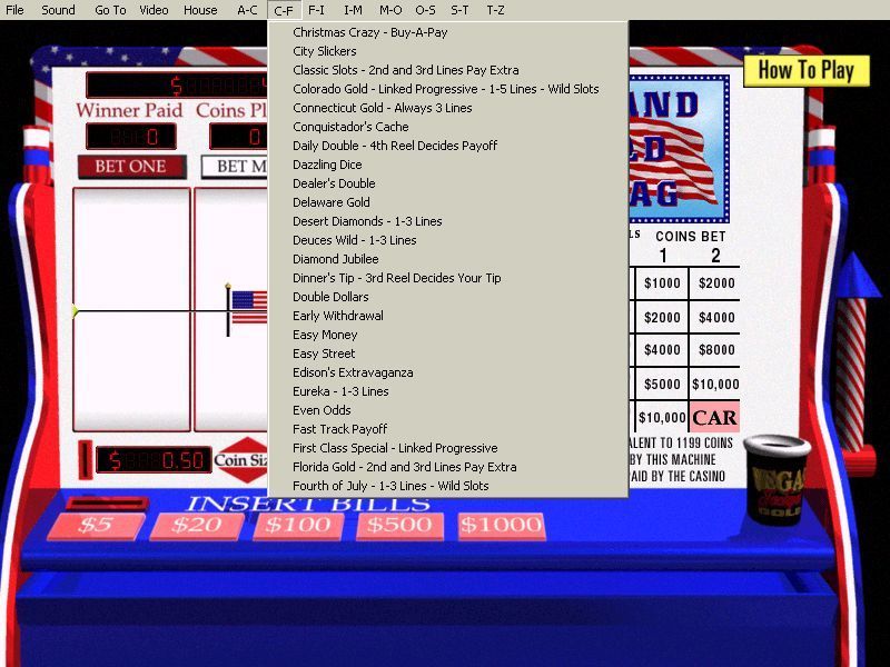 Vegas Jackpot Gold (Windows) screenshot: The player can select games via the menu bar or they can 'walk' from room to room selecting games by type