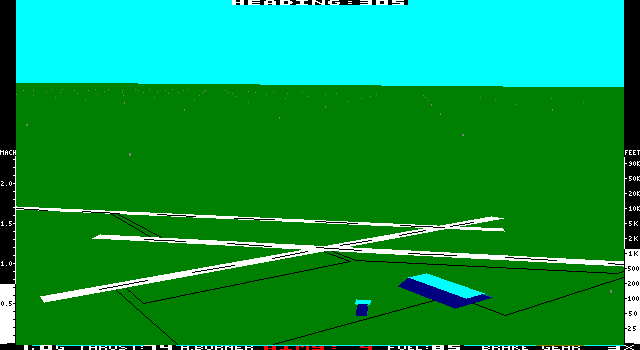 Jet: Version 2.0 (DOS) screenshot: Buzzing the airport (EGA)