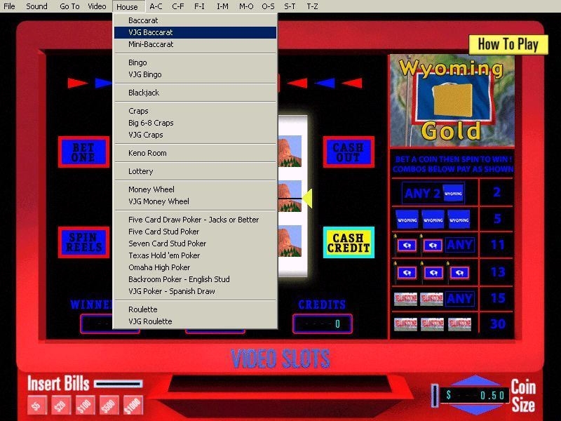 Vegas Jackpot Gold (Windows) screenshot: In the background is the Wyoming Gold slot machine<br>The drop down menu shows the different casino games available
