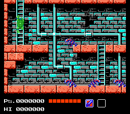 Teenage Mutant Ninja Turtles (NES) screenshot: The sewers. Turtles can also climb stairs.
