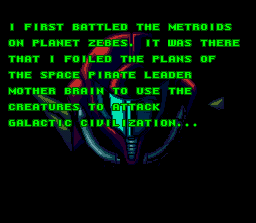 Super Metroid (SNES) screenshot: Samus summarizes the events of previous Metroid games