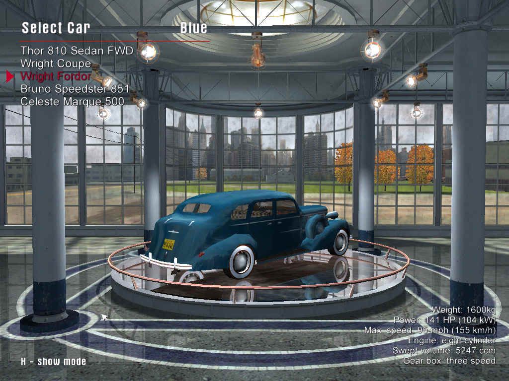 Mafia (Windows) screenshot: In the car showroom, you can get a detailed and close-up look at all the cars in the game, as well as statistics