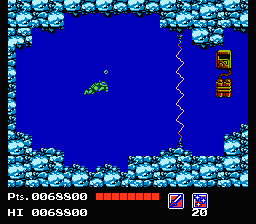 Teenage Mutant Ninja Turtles (NES) screenshot: Area 2, Hudson, one of the 8 Bombs to defuse.