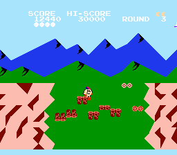 Pac-Land (NES) screenshot: Oh no! The bridge is about to collapse