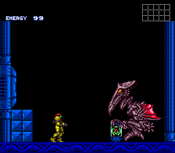 Super Metroid (SNES) screenshot: An alien has come to retrieve the baby