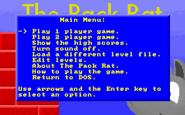 The Pack Rat (DOS) screenshot: Main Menu