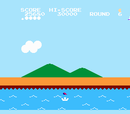 Pac-Land (NES) screenshot: Pac decides to take a dip in the lake