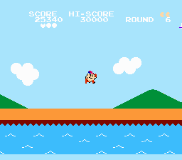 Pac-Land (NES) screenshot: Flying over the lake