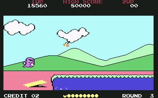 Pac-Land (Commodore 64) screenshot: Pac decides to take a dip in the lake