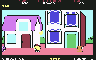Pac-Land (Commodore 64) screenshot: Get the power pellet to make ghosts turn blue