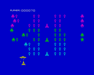 Cosmic Guerilla (ZX Spectrum) screenshot: Set 1 - Flying Disc fulminating the spaceship with rays... not for long though (and on the backstage, several aliens are stealing many shields)