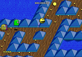 Pac-Mania (Genesis) screenshot: The "Jumping Ghosts" of Sandbox Land