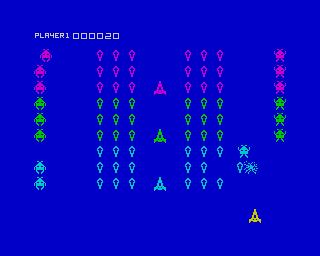 Cosmic Guerilla (ZX Spectrum) screenshot: Set 1 - Destroying the 1st alien. (You shall not take a shield!) (I'm innocent man...!)
