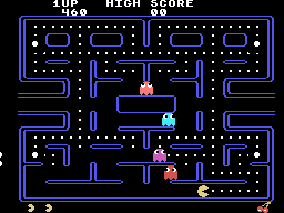 Pac-Man (TI-99/4A) screenshot: Munching on dots...
