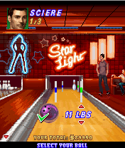 Midnight Bowling (J2ME) screenshot: A skill test: hit the pin without touching the poles.