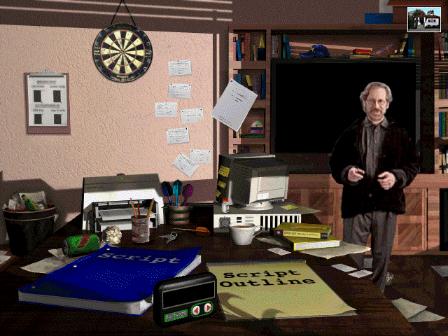 Steven Spielberg's Director's Chair (Windows) screenshot: Script Room (Spielberg on the back)