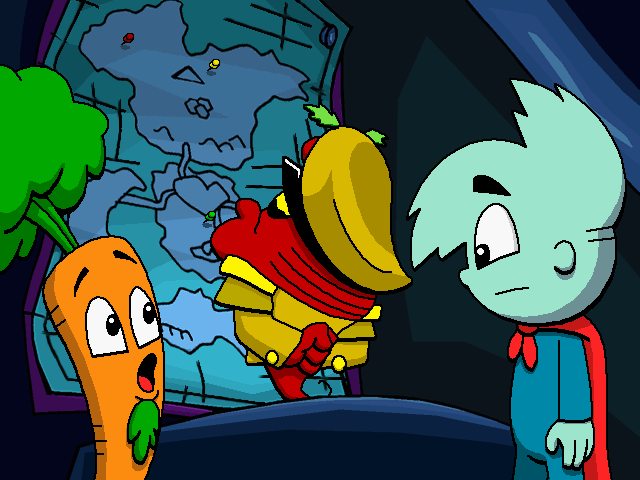 Pajama Sam 3: You Are What You Eat From Your Head To Your Feet (Windows) screenshot: Your old pal Carrot once again helps you. His help? He will be keeping General Beetfoot (in the back) from boiling over and sending out the troops.