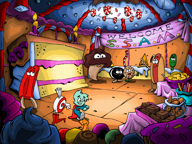 Pajama Sam 3: You Are What You Eat From Your Head To Your Feet (Windows) screenshot: Enjoying the party with the sweets...