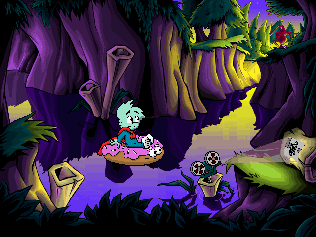 Pajama Sam 3: You Are What You Eat From Your Head To Your Feet (Windows) screenshot: The interaction with the backgrounds is quite fun; just click on when your cursor changes to a small solid arrow and watch the surprises unfold!
