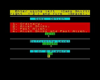 Cosmic Guerilla (ZX Spectrum) screenshot: Menu Options.
