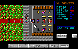 Paladin (DOS) screenshot: A swordsman storms through the door with the rest of the party close at hand