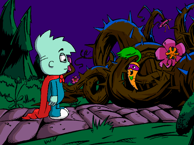 Pajama Sam: No Need to Hide When It's Dark Outside (Windows 3.x) screenshot: A Carrot Freedom Fighter asks Sam to help him free his fellow carrots in Darkness' fridge
