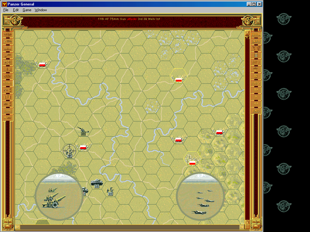 Panzer General (Windows) screenshot: A whole map can be several times bigger than in DOS (depending upon resolution you're using), so in first mission, for example, you can see entire map, no need for scrolling.