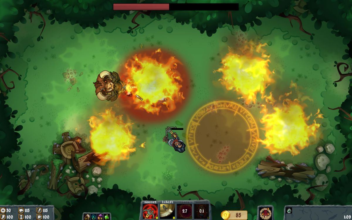 Flamebreak (Windows) screenshot: Fighting a minotaur with many explosions.