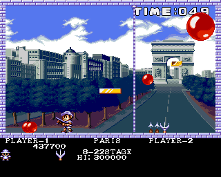 Buster Bros. (Amiga) screenshot: Paris - power wire stay until something hits it