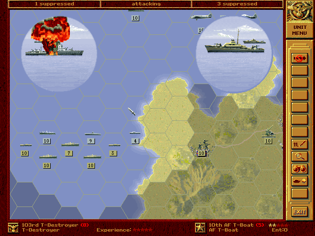 Panzer General (DOS) screenshot: German destroyer versus veteran allied gunboat.