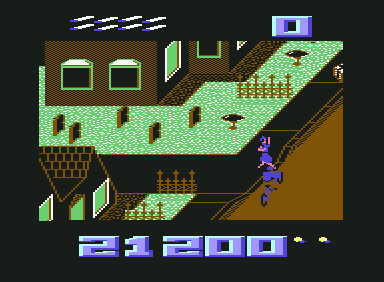 Paperboy (Commodore 64) screenshot: Another lady trying to distract Paperboy