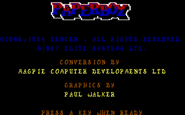 Paperboy (DOS) screenshot: title screen - EGA