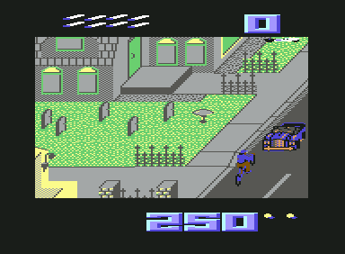 Paperboy (Commodore 64) screenshot: Paperboy is about to be run over by a car