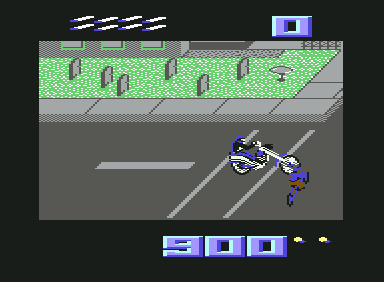 Paperboy (Commodore 64) screenshot: Isn't that the guy on the motorcycle yesterday? He isn't nice this time