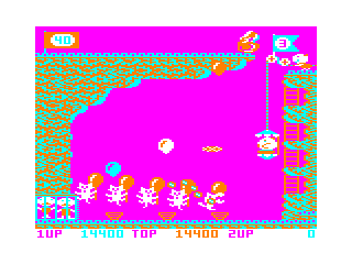 Pooyan (TRS-80 CoCo) screenshot: Level 2 - shoot the wolves before they get enough on the top cliff to push the rock onto you