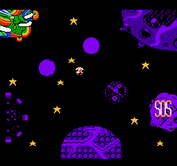 Parasol Stars: The Story of Bubble Bobble III (NES) screenshot: Bubby travels to a distressed planet