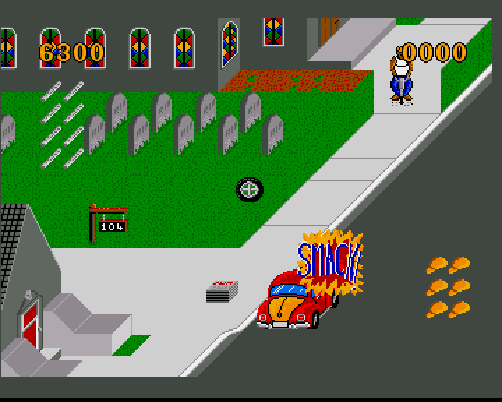 Paperboy (Amiga) screenshot: "Watch where you're going, you stupid git!"