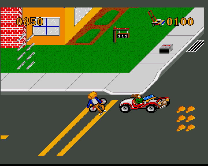 Paperboy (Amiga) screenshot: Paperboy should avoid cars