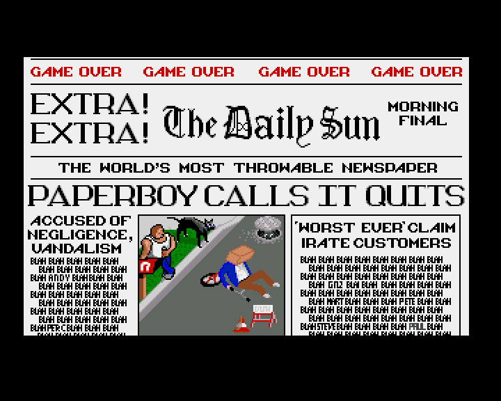 Paperboy (Amiga) screenshot: Paperboy calls it quits