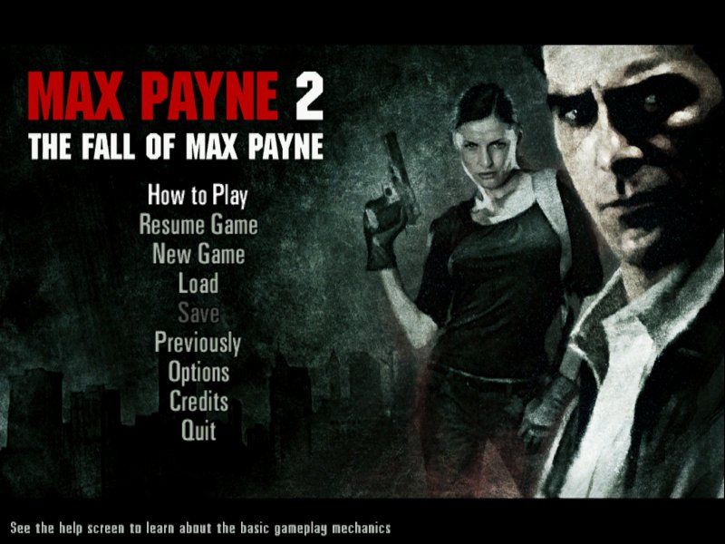 Max Payne 2: The Fall of Max Payne (Windows) screenshot: The always present main menu shot, introducing Mona Sax as a co-protagonist.