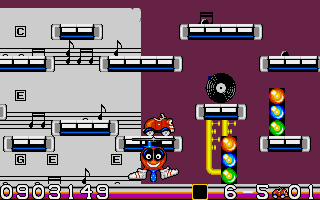 CarVup (Amiga) screenshot: Music world - another level finished so chopper buddy is here