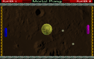Mortal Pong (DOS) screenshot: A game in progress<br>The player's health is shown in the status bars at the top of the screen