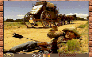Mad Dog II: The Lost Gold (DOS) screenshot: That prospector looks like he met a porcupine with feathers.