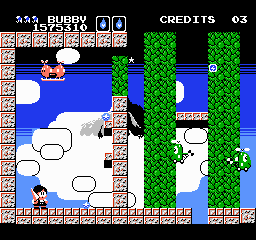 Parasol Stars: The Story of Bubble Bobble III (NES) screenshot: Action on board Cloud 9