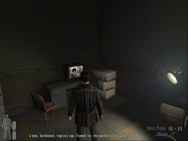 Max Payne 2: The Fall of Max Payne (Windows) screenshot: Once again, the "soap opera device" is gonna be used to add a little irony to the storytelling.