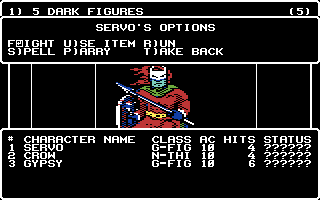 Wizardry V: Heart of the Maelstrom (Commodore 64) screenshot: Under attack, here's my options...